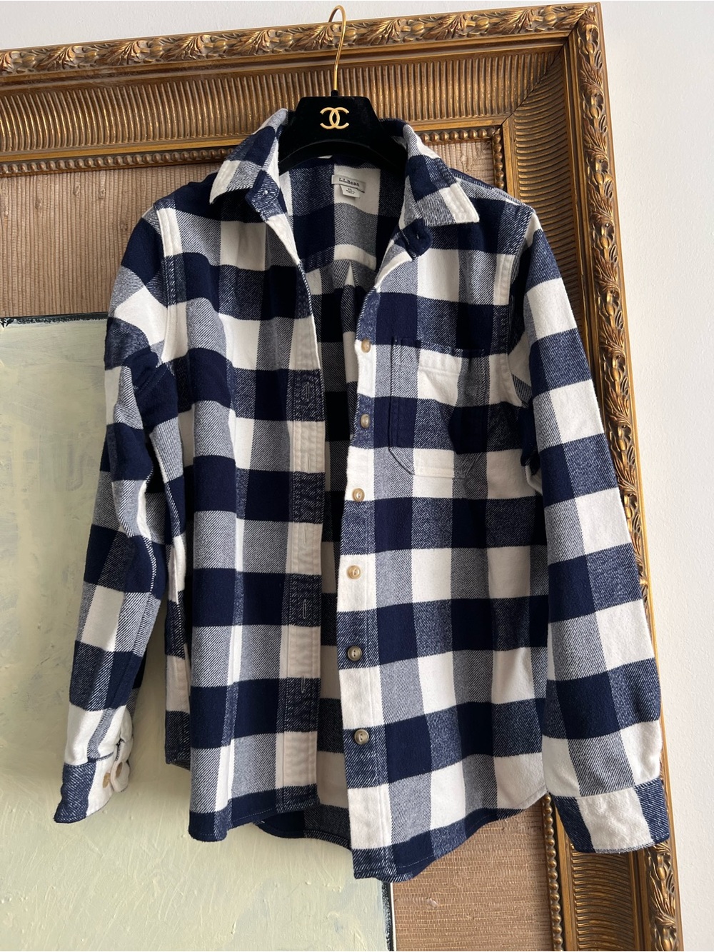 L.L.Bean M medium flannel organic cotton Navy and White Buffalo Plaid Shirt top